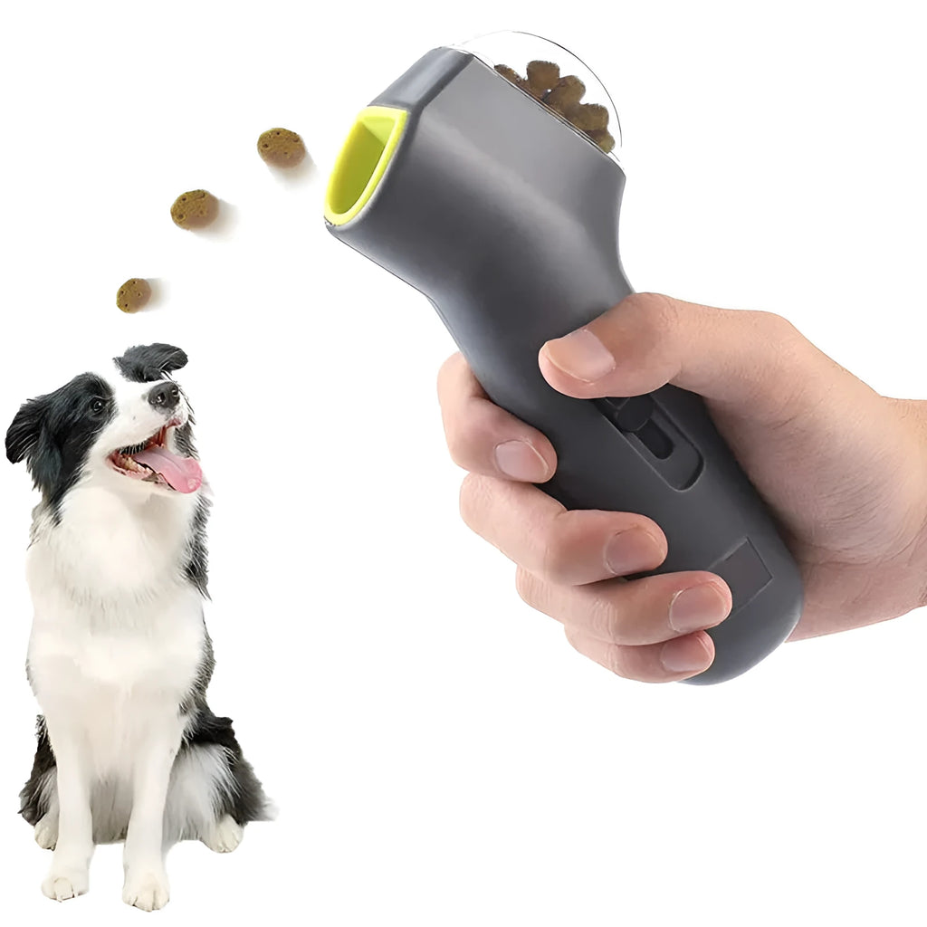 Grey interactive pet training toy with snack catapult launcher measuring 18cm