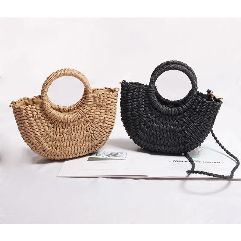 Seaside Vacation Beach Mini Straw Bag in dumpling shape with woven texture and open pocket, available in multiple colours