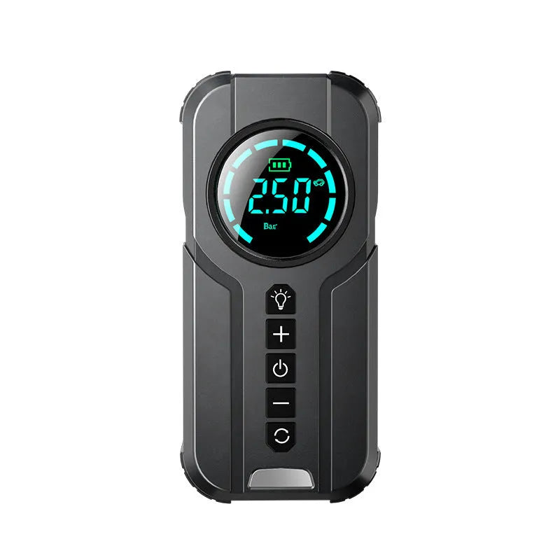 Black portable wireless air pump with digital display, battery, and nozzle accessories on a grey background.