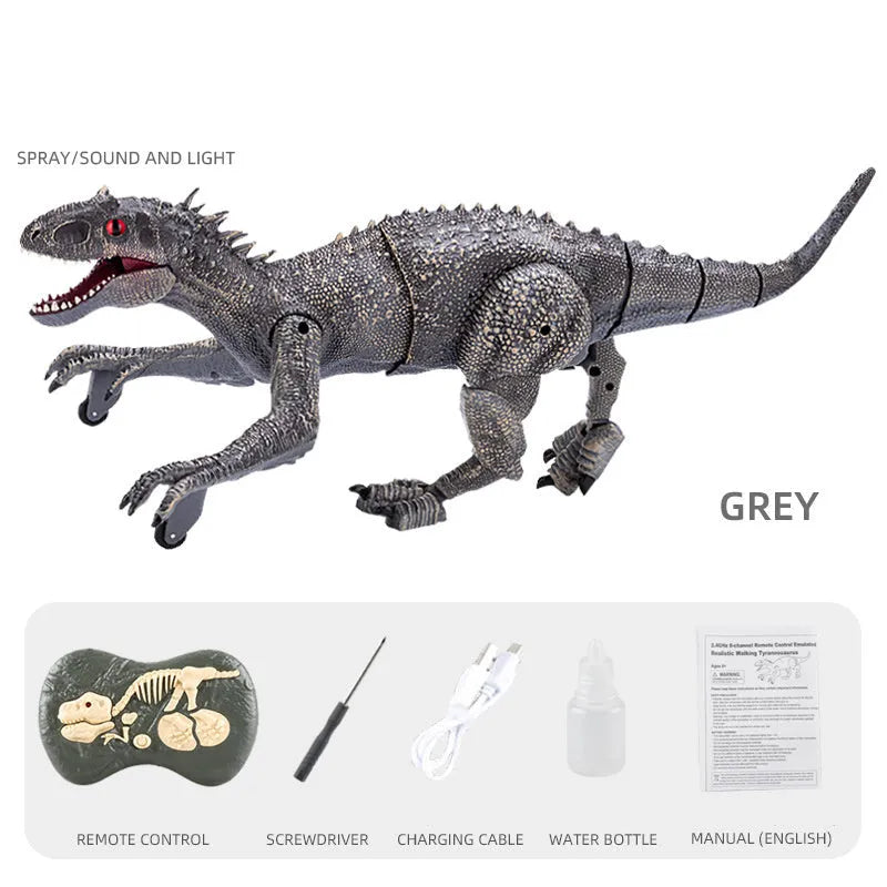 Remote controlled dinosaur model toy in grey with 3D eyeballs and roaring sound effect