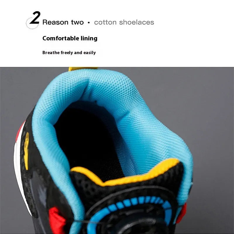 Children's rotating button running shoes in black with a cushion basketball design on a white PU sole.