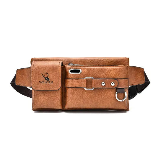 Men's PU leather waist bag small horizontal square waterproof with zipper and belt decoration