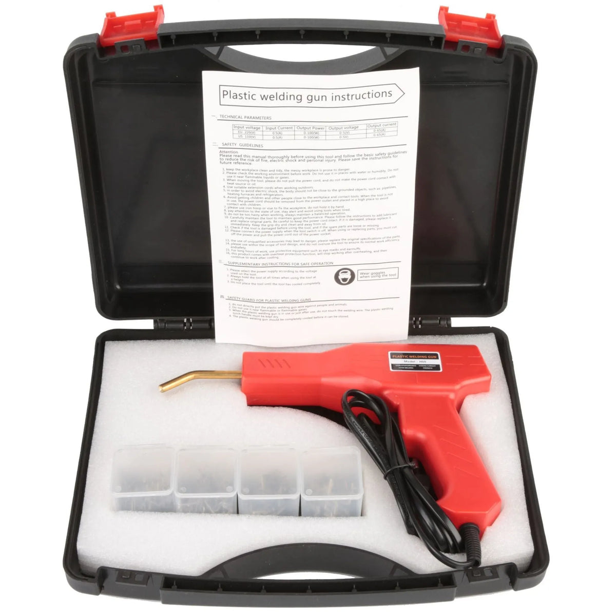 Red plastic welding gun with pure copper transformer, 200 nails, and pliers knife in black storage box
