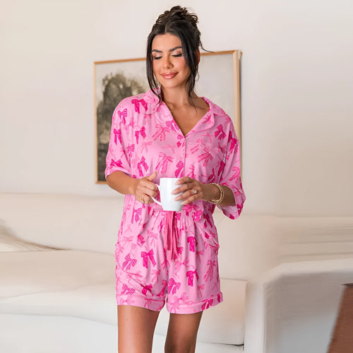 Pink bow print polyester pajama set with top and pants for sleepwear