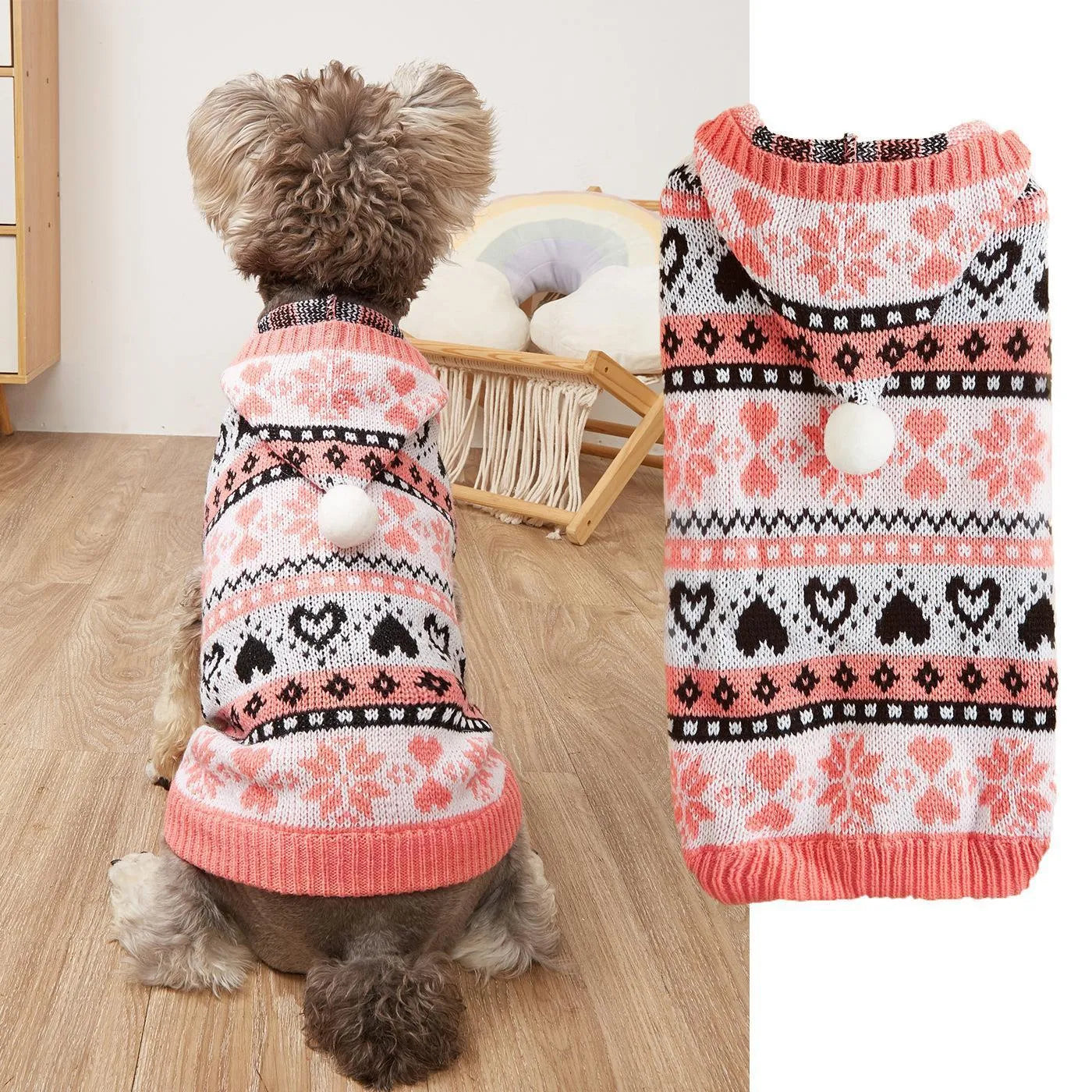 Knitted acrylic dog sweater with striped camouflage pattern in pink, blue, or grey for small breeds