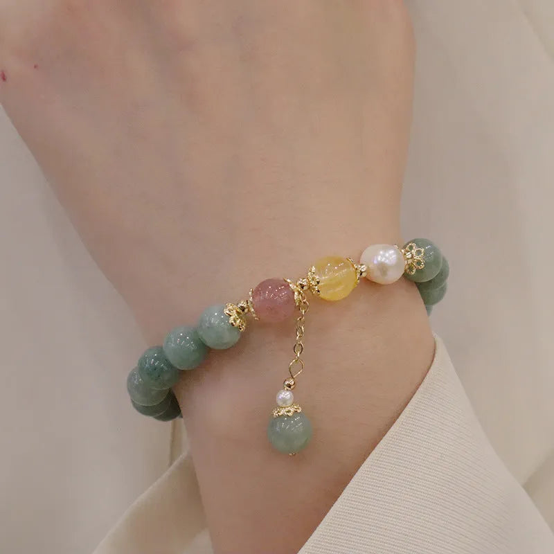 Myanmar jade geometric bead bracelet with pearl accents and three-dimensional Han-style decoration