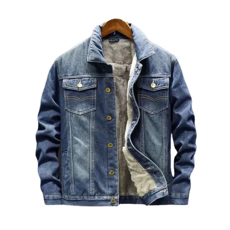 Men's loose fit fleece lined denim jacket in Dark Blue, cotton workwear top for autumn