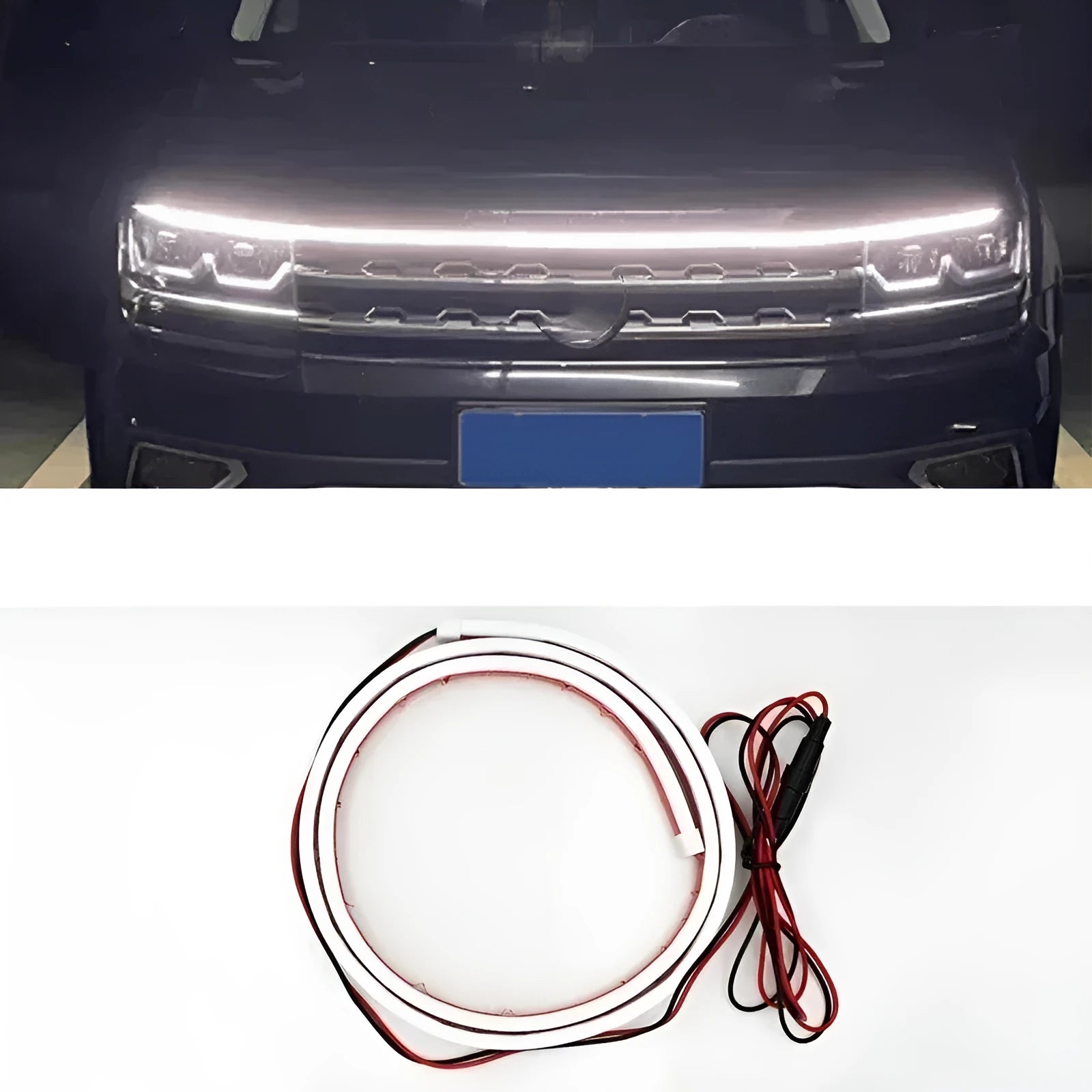 Flexible silicone LED car light strip showing white, blue, and red colour options in different lengths.