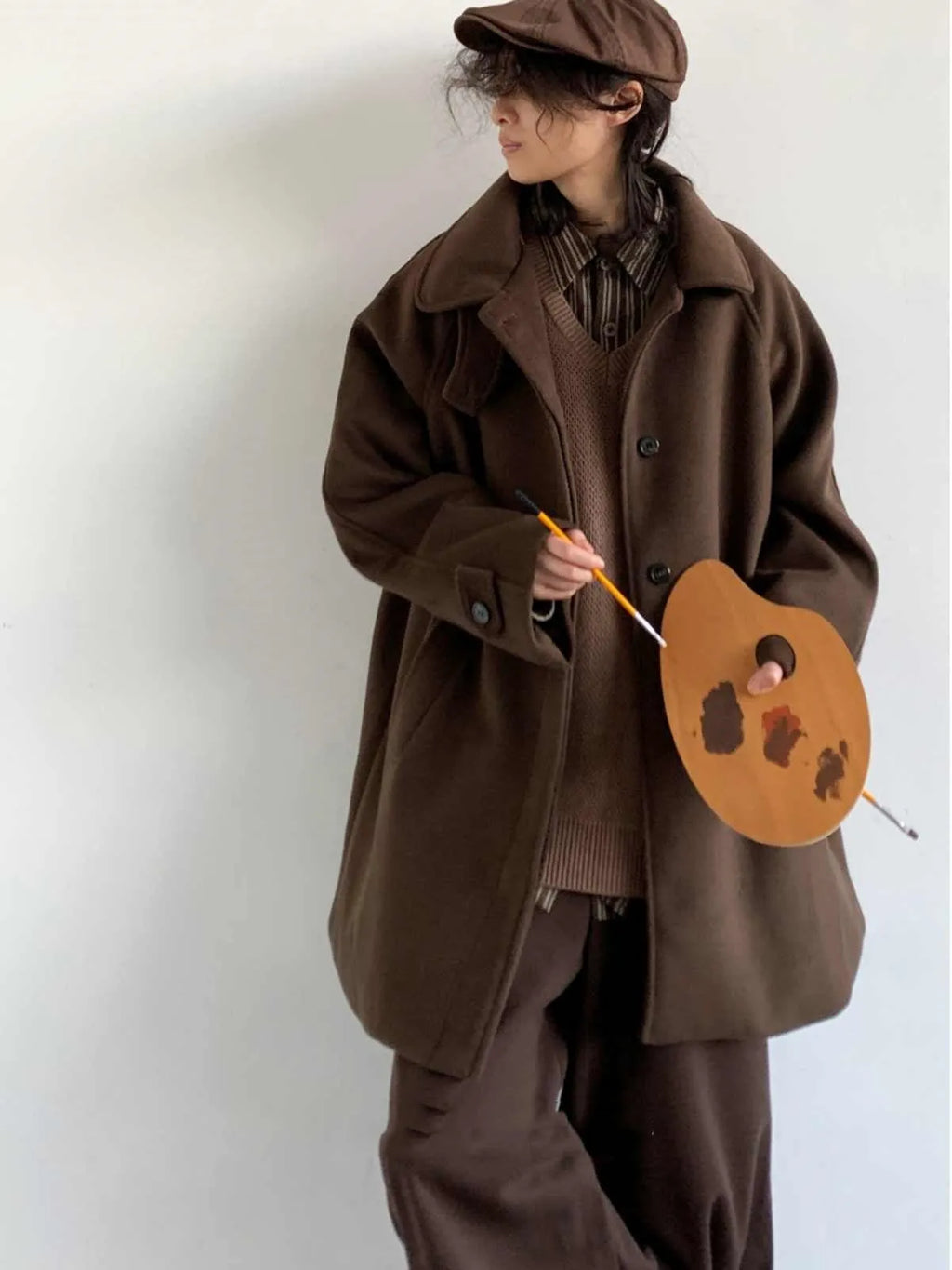 Men's brown woolen coat double breasted lapel mid-length loose fit long sleeve winter coat