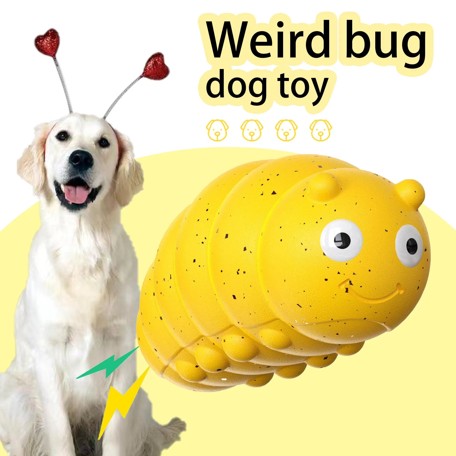 Green and yellow teething dog toy with weird barking bug sound for small dogs