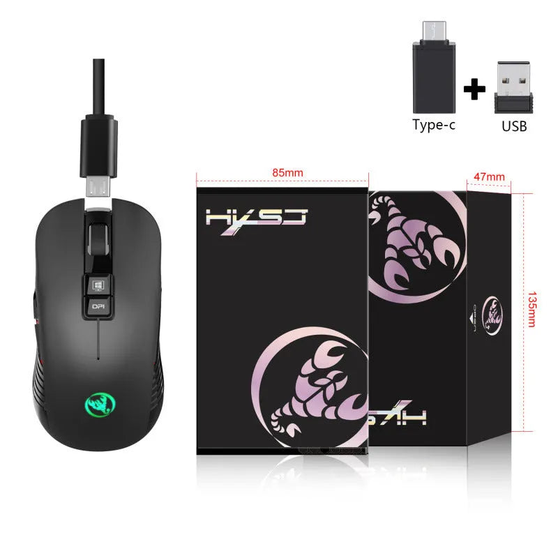 Black wireless gaming mouse with RGB lighting showing adjustable DPI buttons and ergonomic design