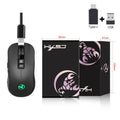 Black wireless gaming mouse with RGB lighting showing adjustable DPI buttons and ergonomic design
