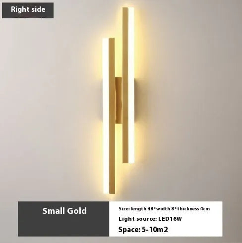 Modern minimalist Scandinavian LED wall light with acrylic shade in black or gold finish, shown in 48cm, 50cm, and 65cm sizes.