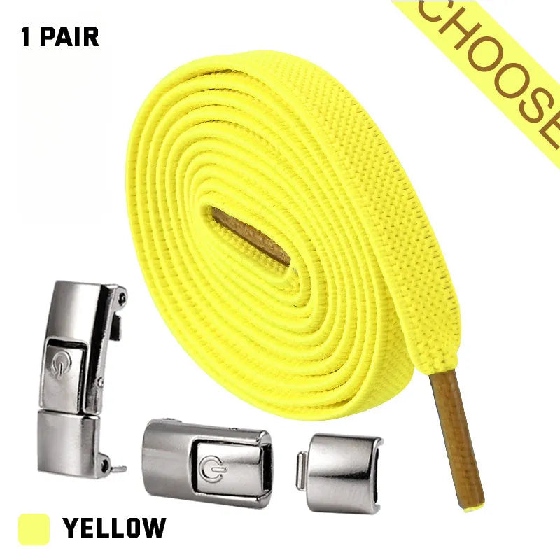 Pair of black 8mm wide flat press lock elastic shoelaces for no-tie fastening on sneakers
