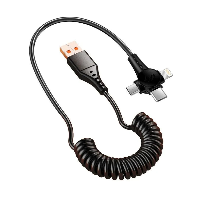 Black spring telescopic charging cable with Type-C, Lightning and Micro USB connectors extended to 1.5 metres