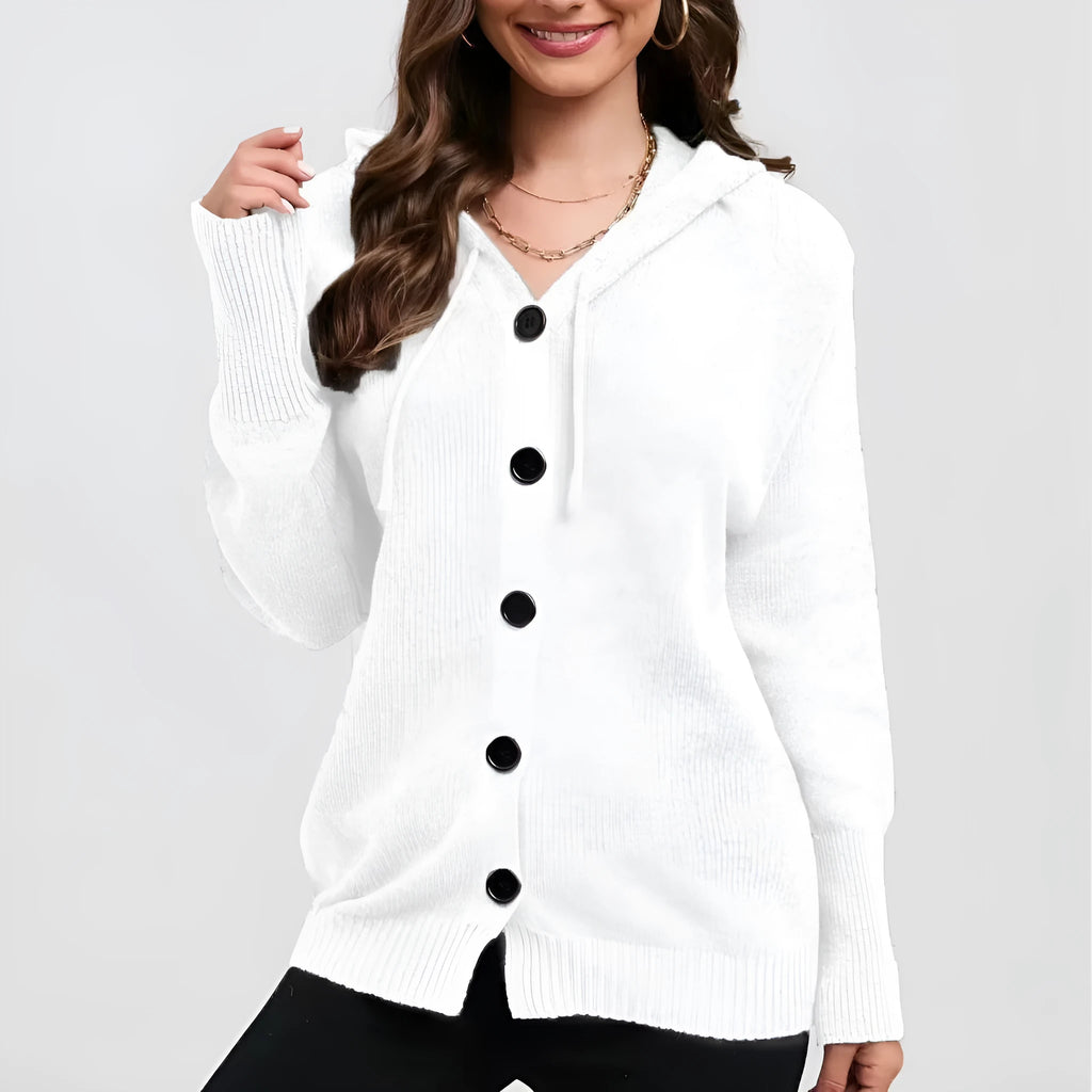 Women's loose fit hooded cardigan sweater in thick cotton fabric, shown in a solid colour.