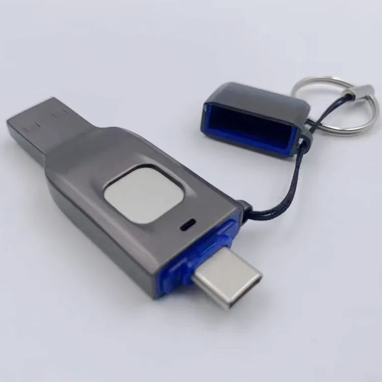 Black fingerprint encrypted USB flash drive showing USB 3.0 and Type-C connectors