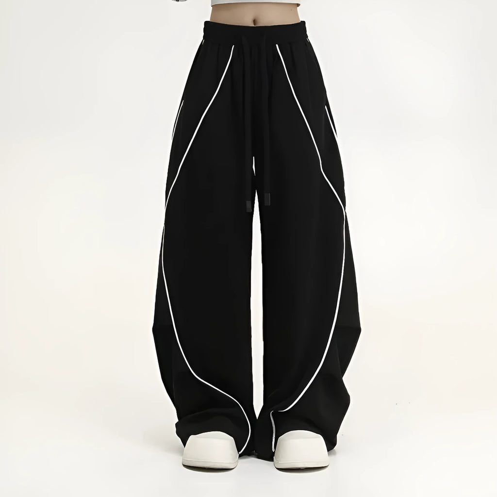 Black striped wide-leg sports trousers with pleated mid waist for hip hop dance