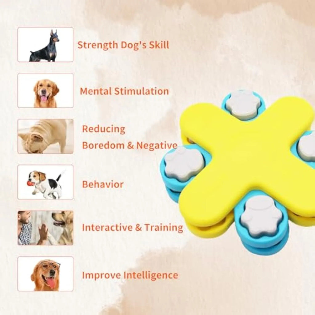 Yellow three-layer rotating dog puzzle feeder bowl with anti-slip base.