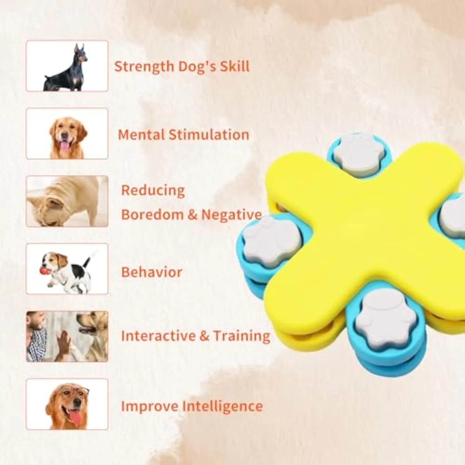 Yellow three-layer rotating dog puzzle feeder bowl with anti-slip base.