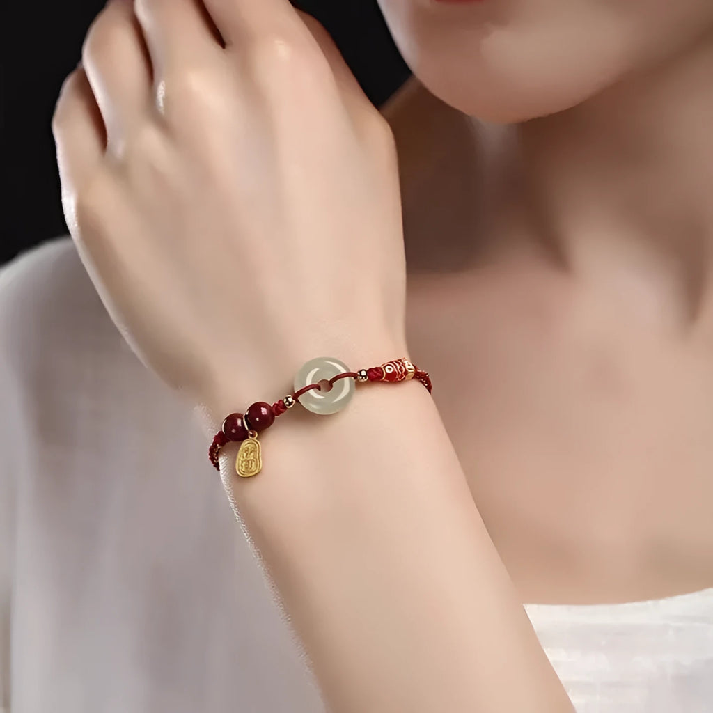 Hetian Jade peace buckle bracelet with colourful braided rope and 10mm geometric pendant
