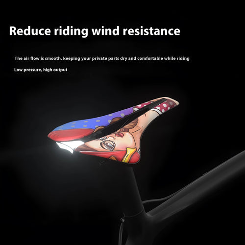 Ultra-light EVA cushion bike saddle with hollow design in PU leather, shown in multiple colour options.