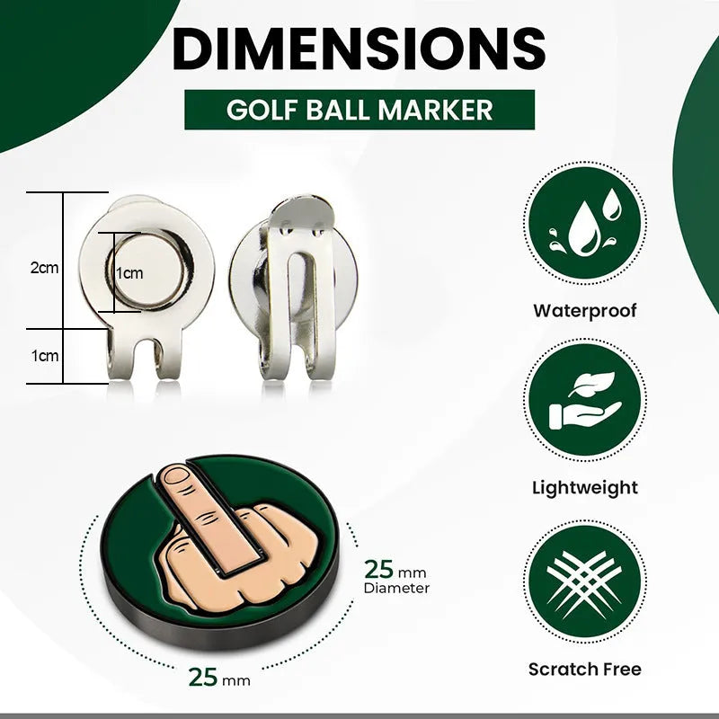 Golf hat clip with 25mm round coin vertical middle finger ballmarker and magnet, iron construction, available in multiple colours