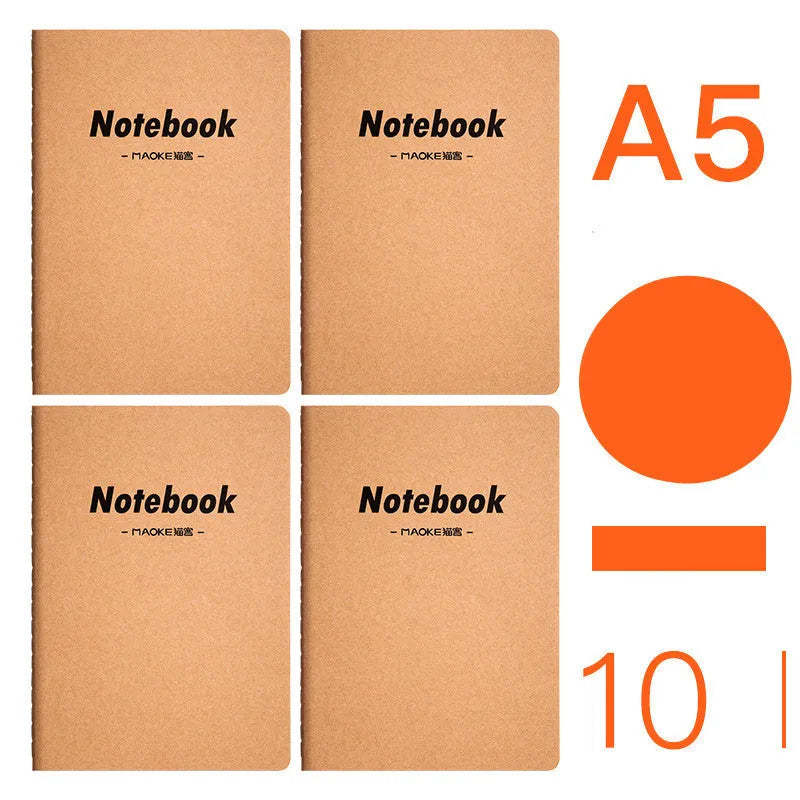 Pack of ten thread-bound A5 and B5 softcover notebooks showing multiple design styles including kraft paper and illustrated covers.