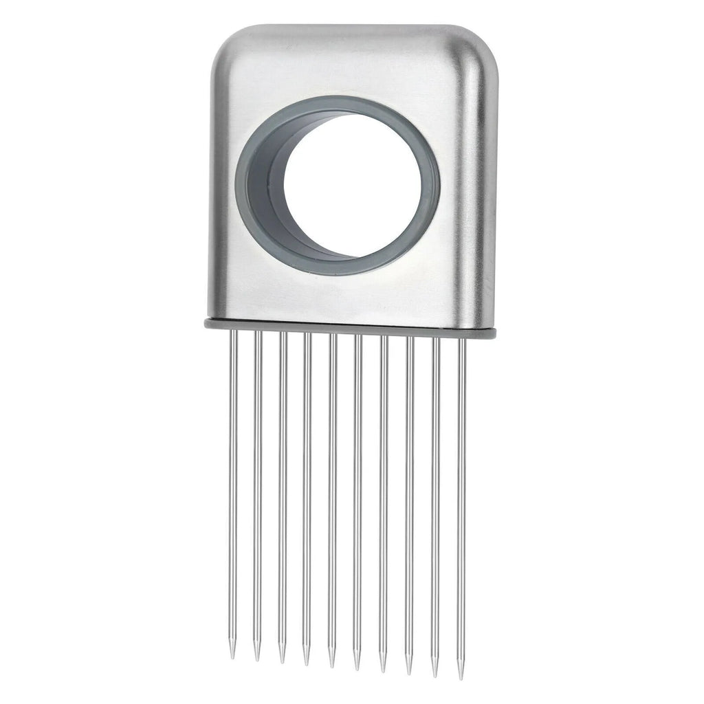 Stainless steel onion holder with sharp prongs and finger guard for cutting vegetables