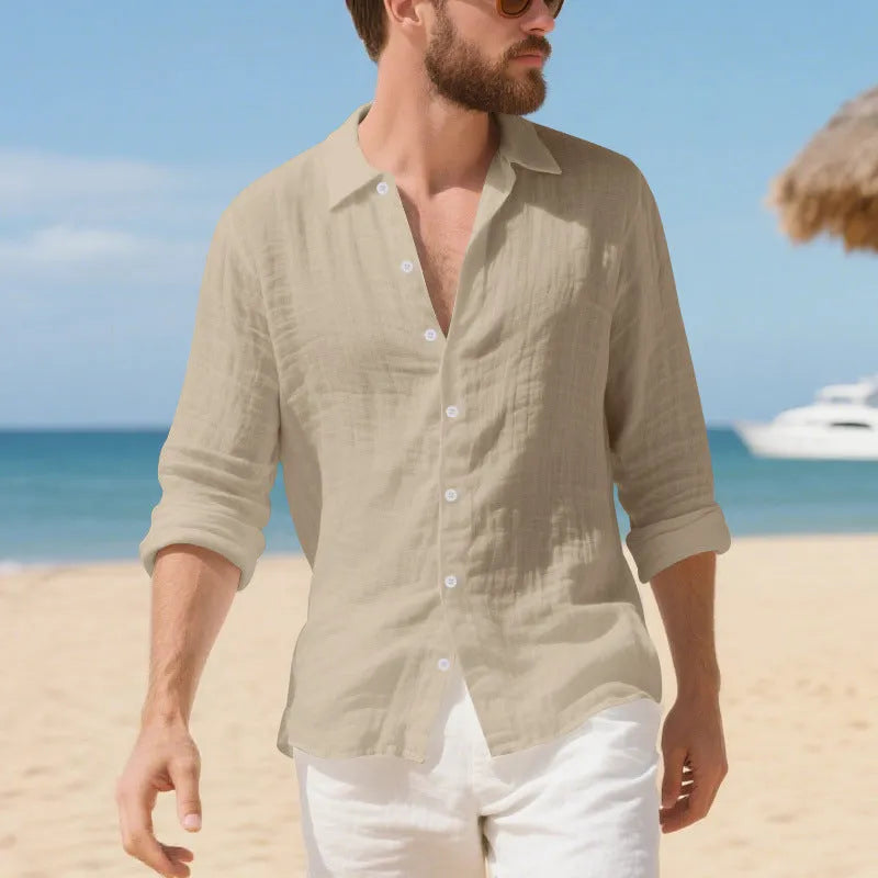 Men's loose fit linen casual shirt in light blue colour, showing non-ironing style.