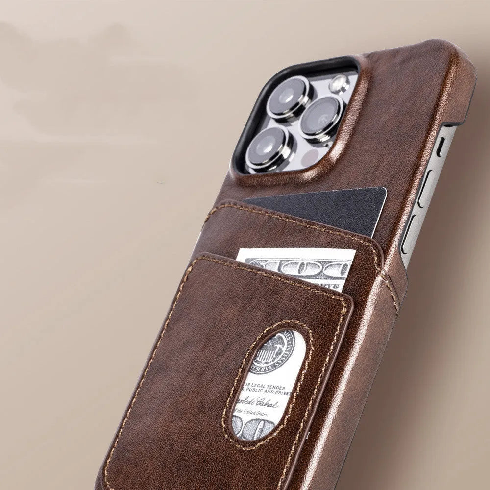 PU leather flip wallet phone case in brown, open view showing card slots for iPhone 13