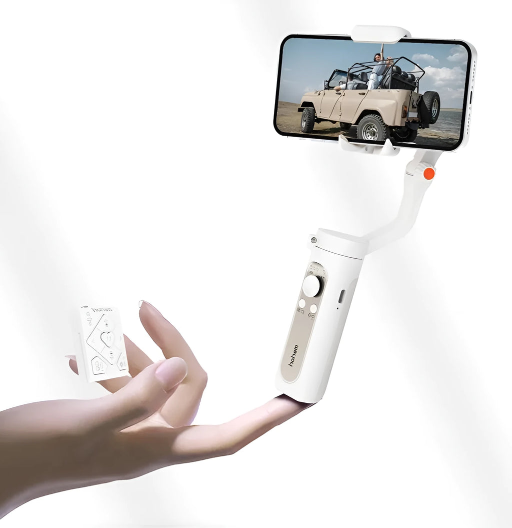 Smart anti-shake selfie stick stabilizer in black, folded, plastic construction, compact size