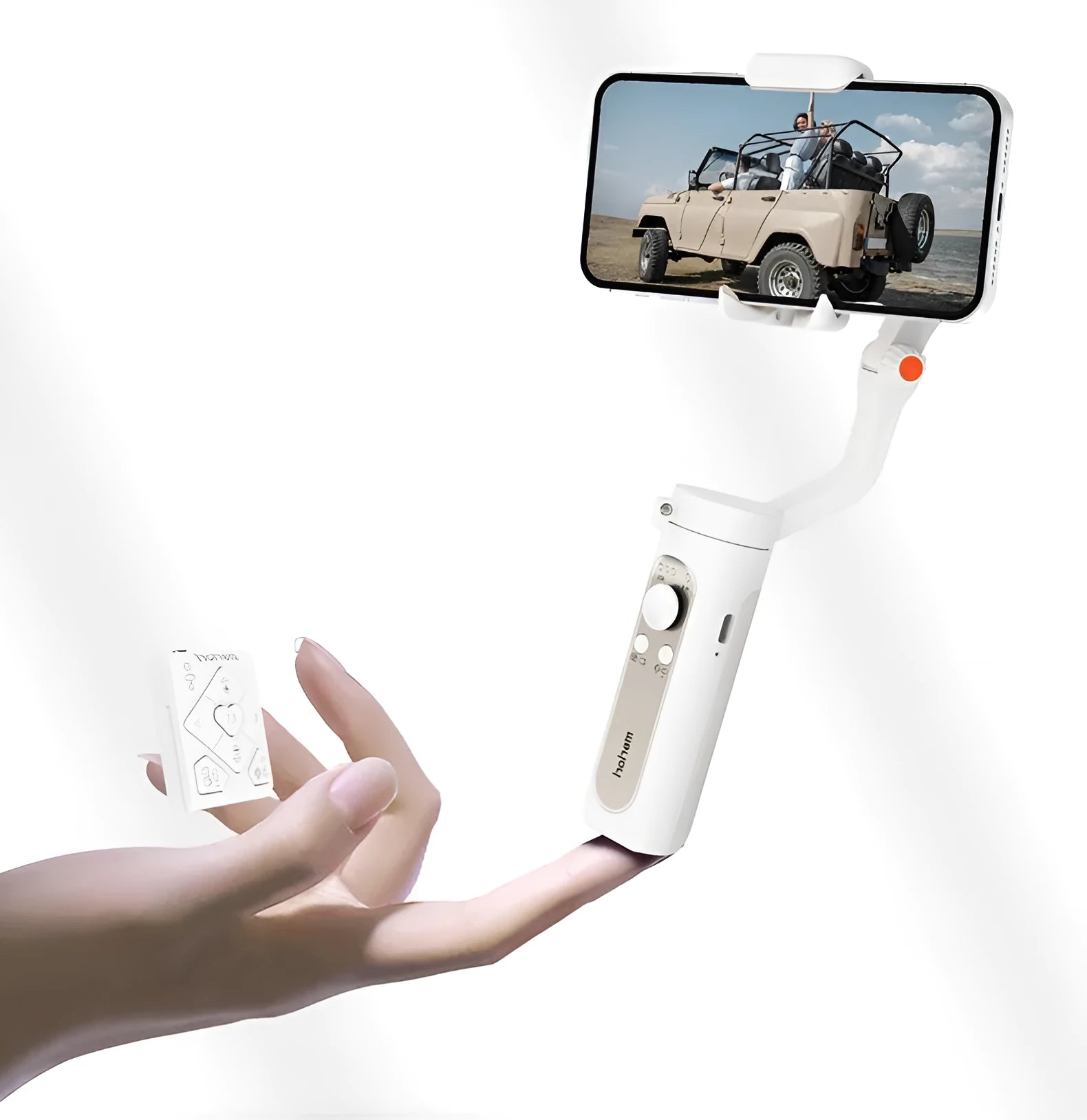Smart anti-shake selfie stick stabilizer in black, folded, plastic construction, compact size