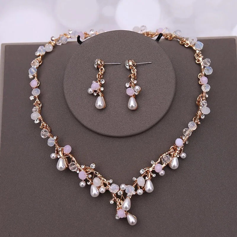 Bride wedding dress crown three-piece headdress set super fairy series with crystal details and matching necklace earrings