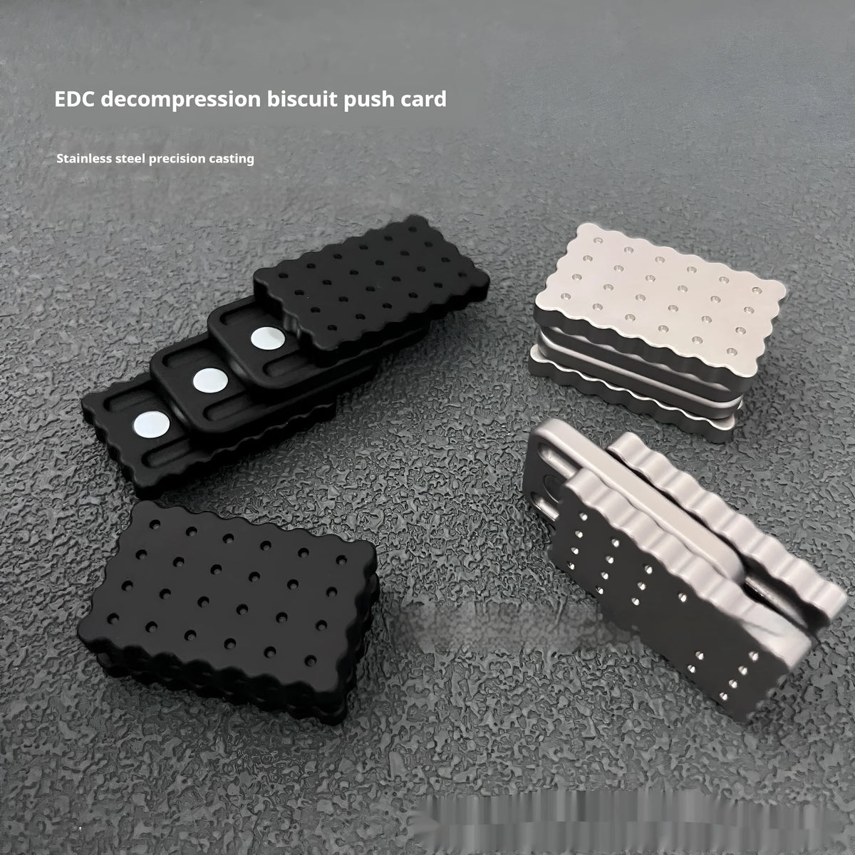 Biscuit silver 3-layer metal EDC fidget push card decompression toy on white background