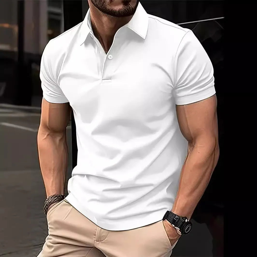 Man wearing a slim-fit solid colour short sleeve button-up casual shirt in a cotton blend fabric.