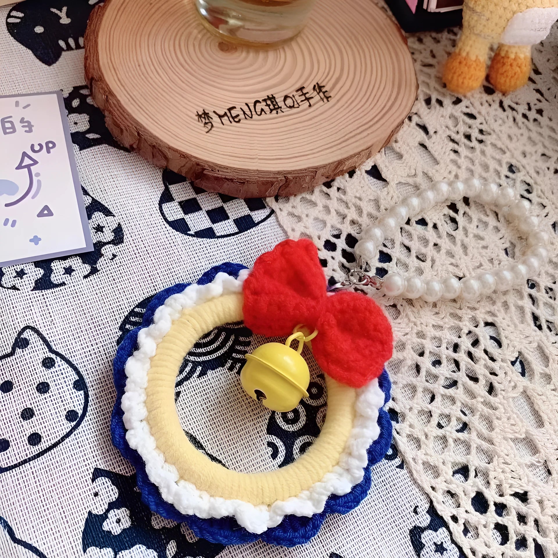 Snow White plush handmade yarn weaving car hanging pendant on a red wind chime.