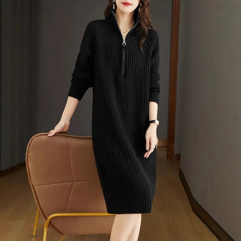 Beige half zip woolen skirt with stand collar and long sleeves