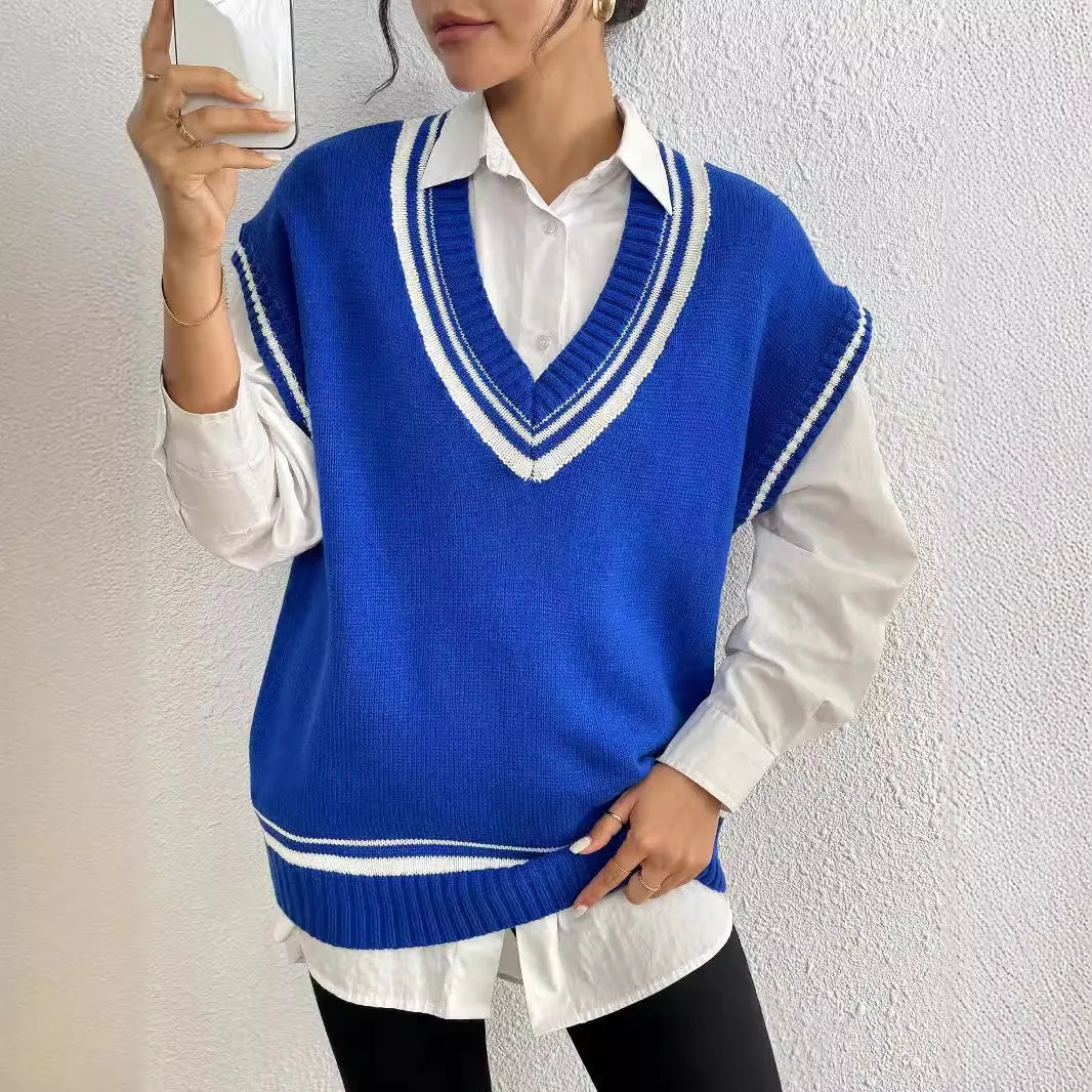 Women's loose fit college style wool vest sweater in black, blue, and coffee colour options