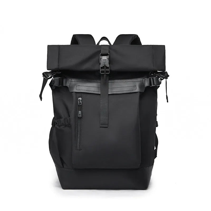 Men's nylon waterproof backpack in solid black for business commute and outdoor travel