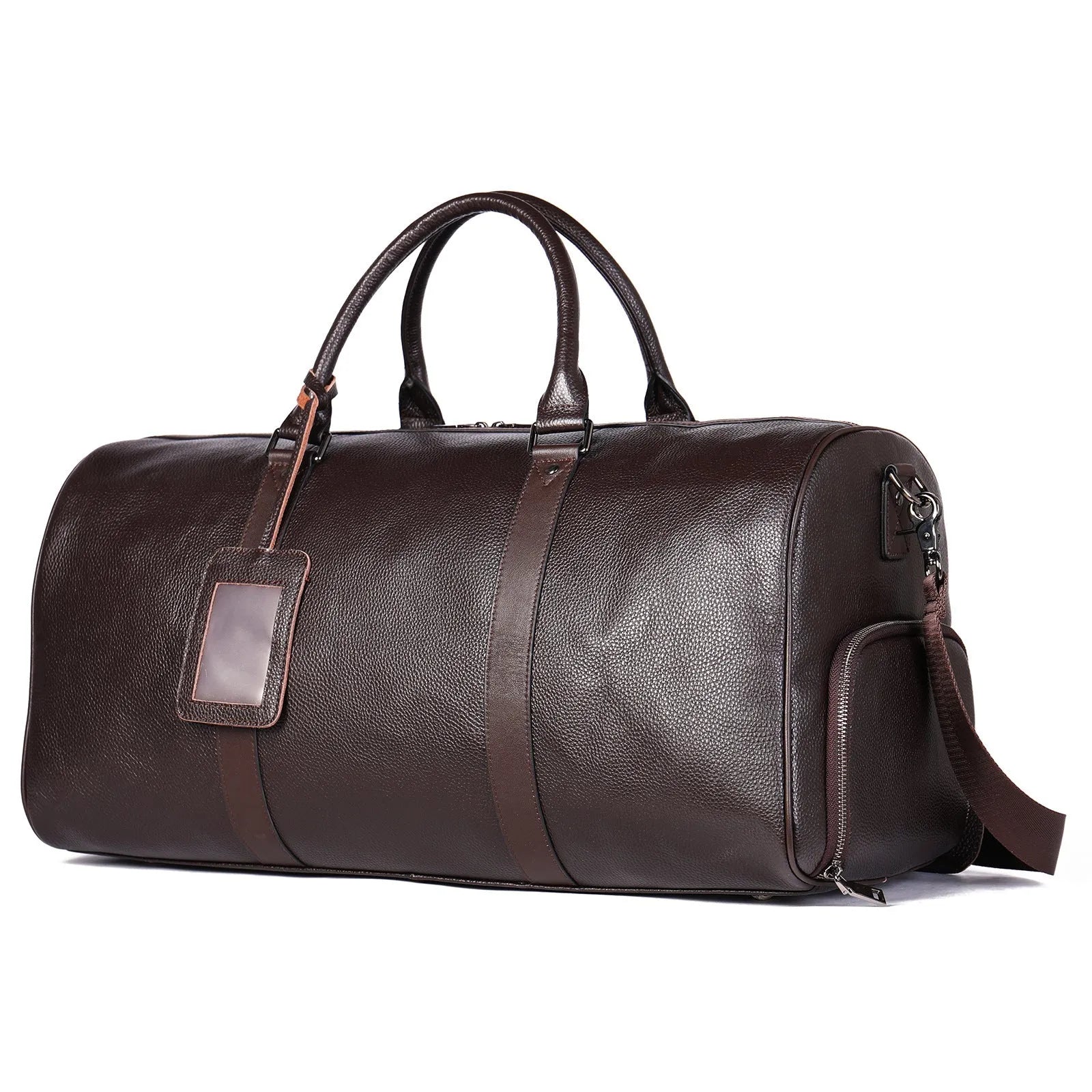 Men's black leather excursion bag with single shoulder strap showing 44cm length measurement