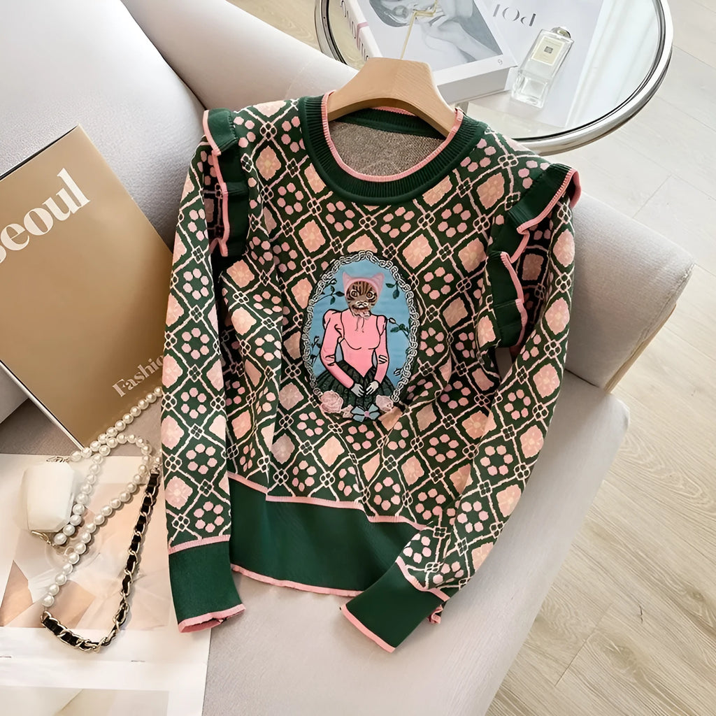 Green printed knit sweater on hanger showing loose fit and graphic pattern detail