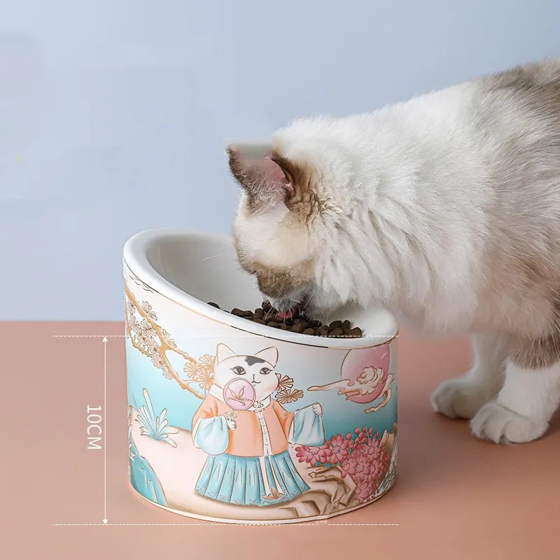 Chinese style ceramic cat bowl with high leg double bowl and oblique mouth shape in universal colour