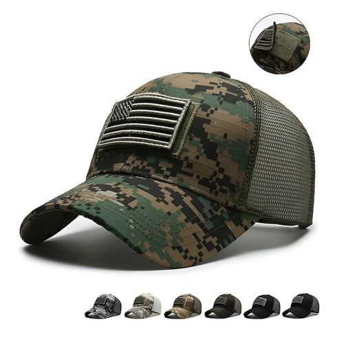 Adjustable Velcro tactical camouflage baseball cap with machine embroidery on cotton dome crown