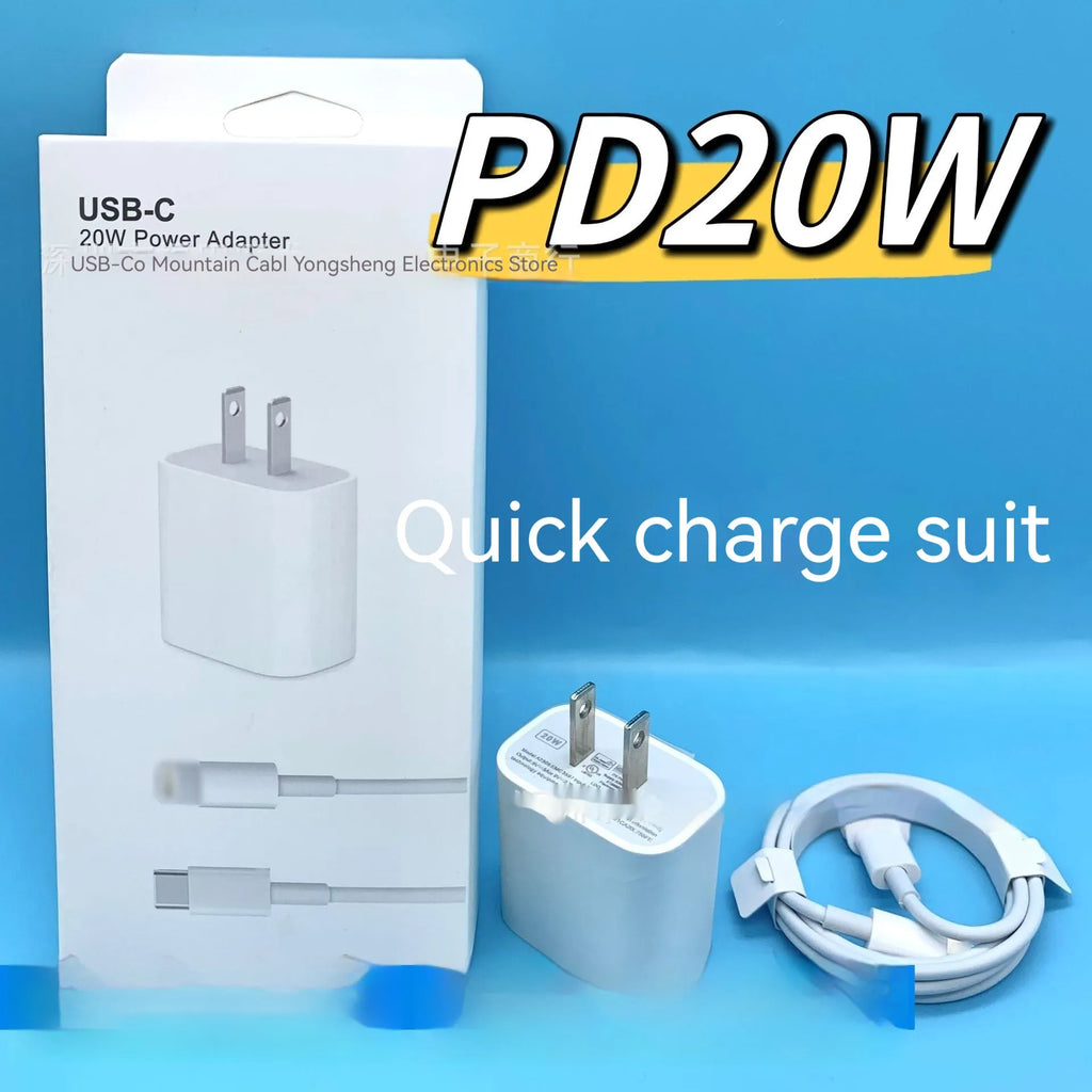 White PD20w 20W USB Type-C charger with 1 metre Lightning cable on white background