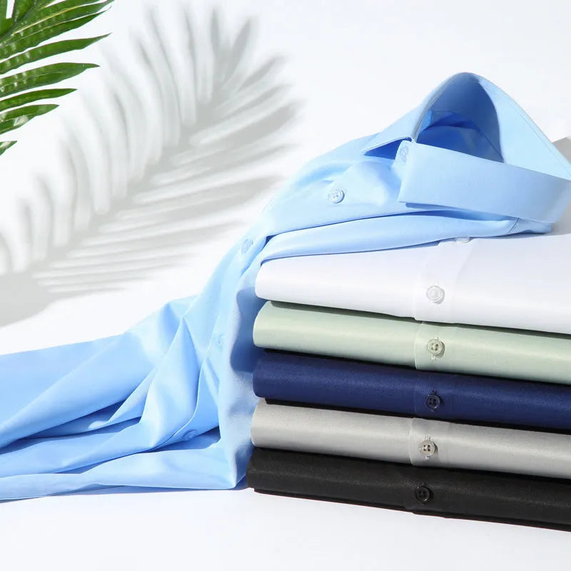 Men's elastic silk long-sleeved shirt in solid colour with non-ironing finish and breathable spandex blend fabric