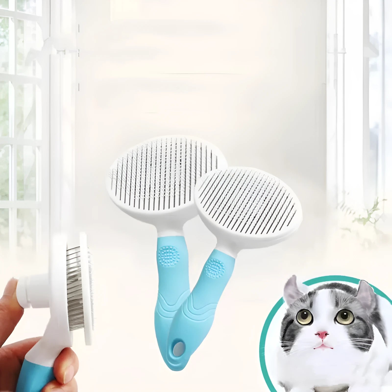 Blue automatic hair removal pet comb with TPR non-slip grip and button shaved design on white background