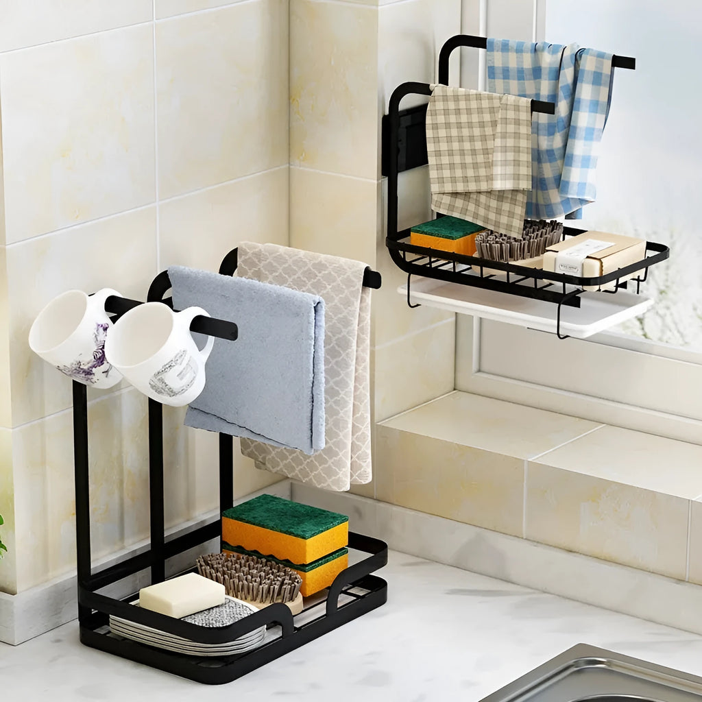 White plastic foldable kitchen rack for draining rags with wall mount and desktop options