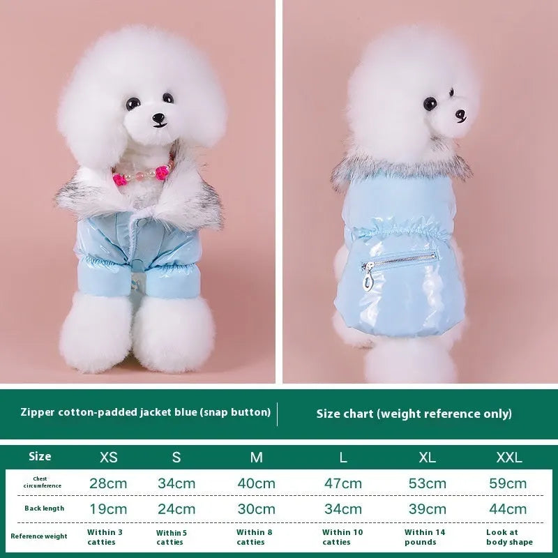 British style blue cotton dog jacket for winter warmth on a small dog, showing size and style.