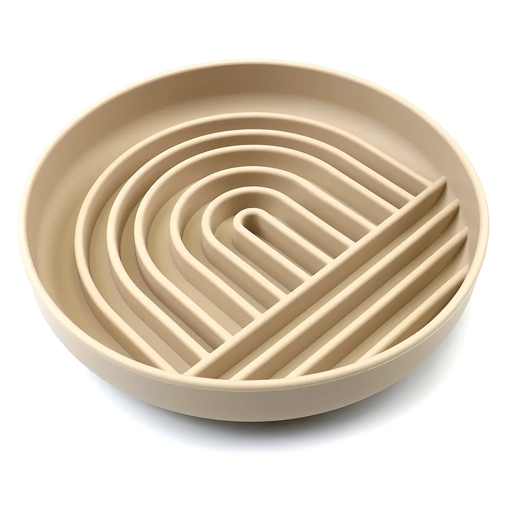 Silicone slow feeder dog bowl with ridges, shown in beige colour, measuring 19 cm.